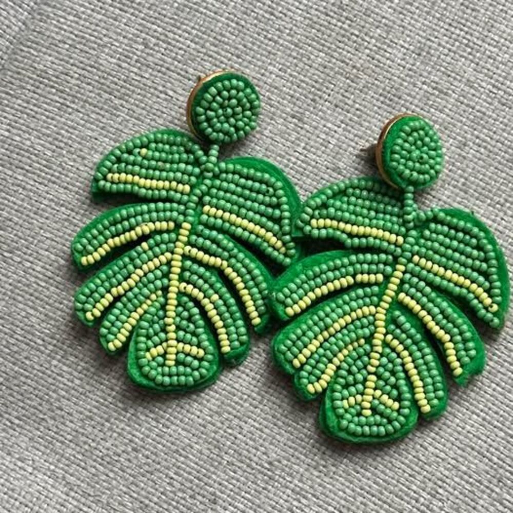 Beaded Monstera Leaf Earrings